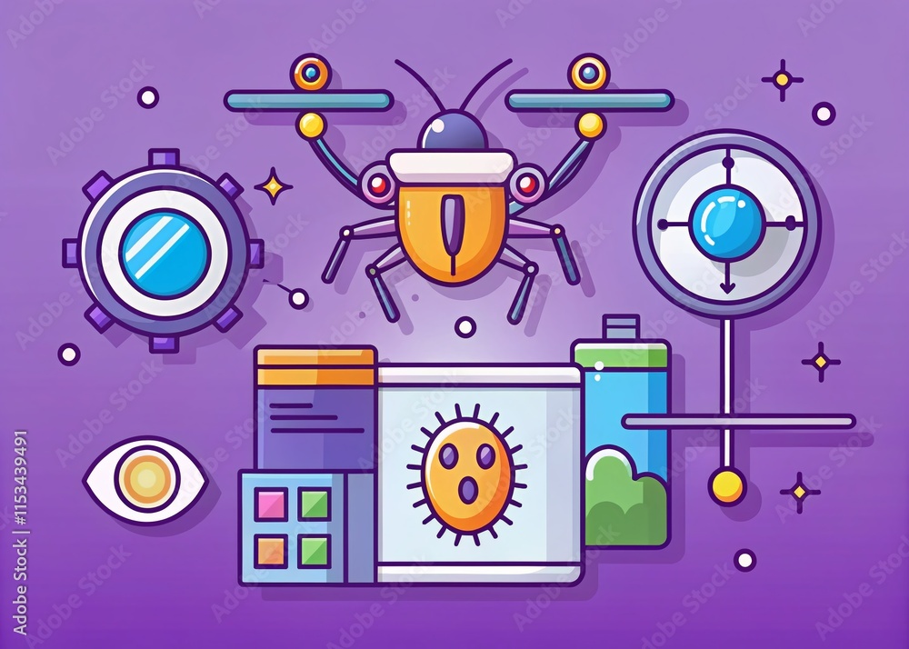 Poster drone view of software api prototyping & testing: colorful hand-drawn illustration