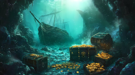 Sunken shipwreck with treasure chests and gold coins underwater. Seafloor. Illustration