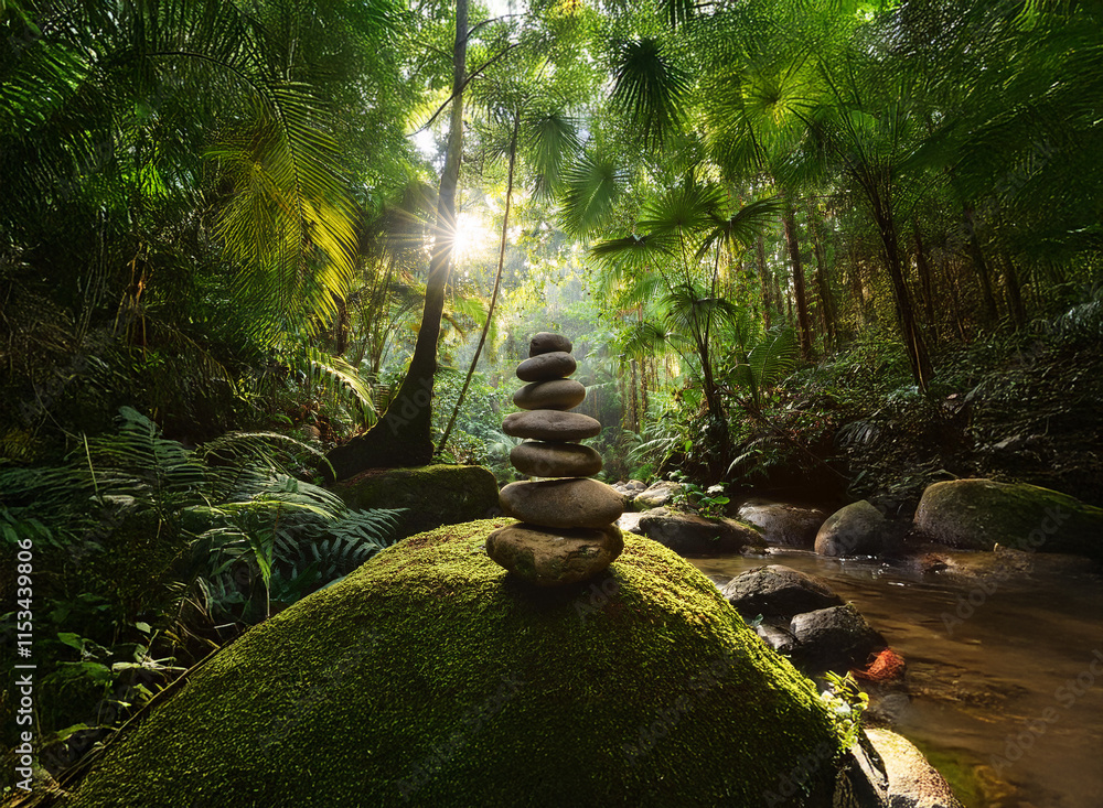 Poster sunlit rainforest scene with a carefully balanced stack of stones on a moss-covered rock beside a tr