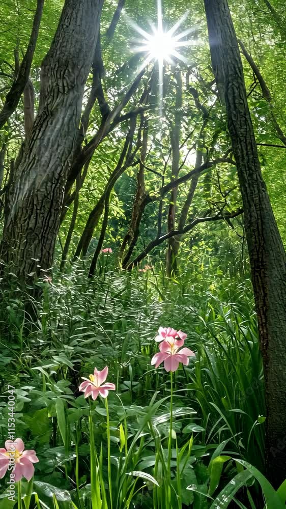 Poster sunlight filters through trees illuminating blooming flowers in a serene forest setting