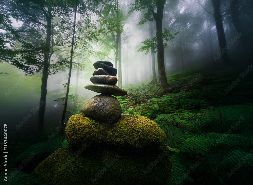 Poster Serene stone stack meditatively balanced on moss-covered rock within a mystical, fog-laden forest.  Sunlight filters through the dense canopy.