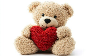 Obraz premium A fluffy teddy bear holding a red heart, a perfect valentines day gift, isolated on a bright white background