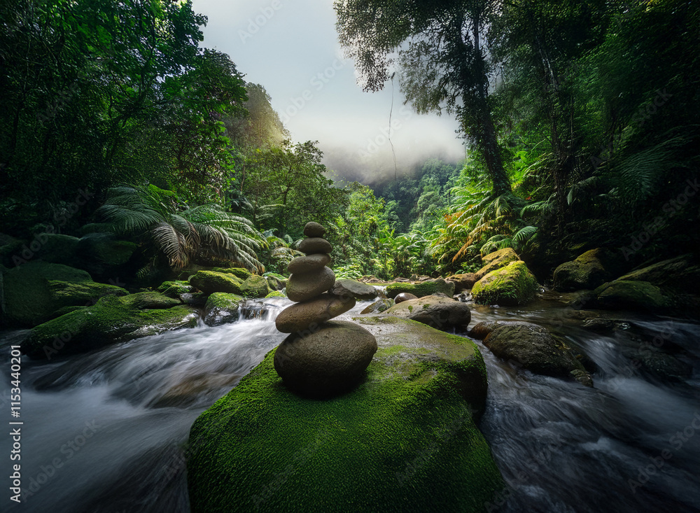 Aufkleber serene forest stream flows gently past moss-covered rocks. a balanced stone cairn rests center, symb