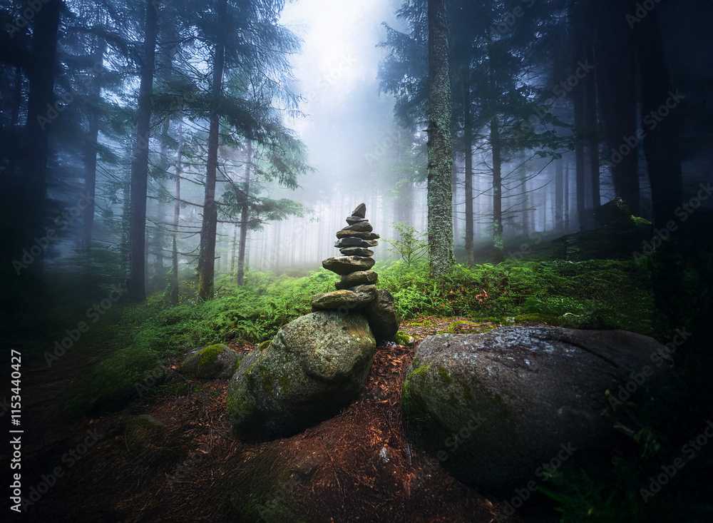 Poster A serene stone cairn stands amidst a mystical fog-laden forest.  Sunlight filters through the dense canopy, illuminating the scene with an ethereal glow.  The mossy forest floor and ancient trees add 