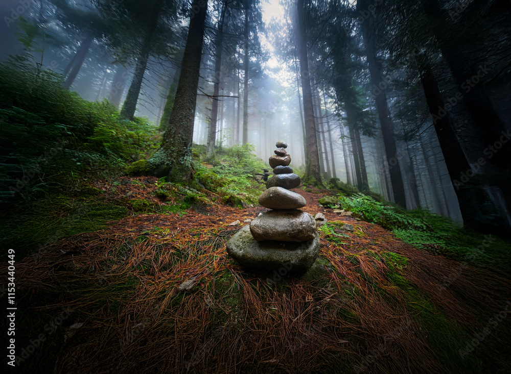 Poster A mystical stone cairn stands on a mossy forest slope, shrouded in ethereal mist. Sunlight filters through tall trees, creating a serene, almost magical atmosphere.