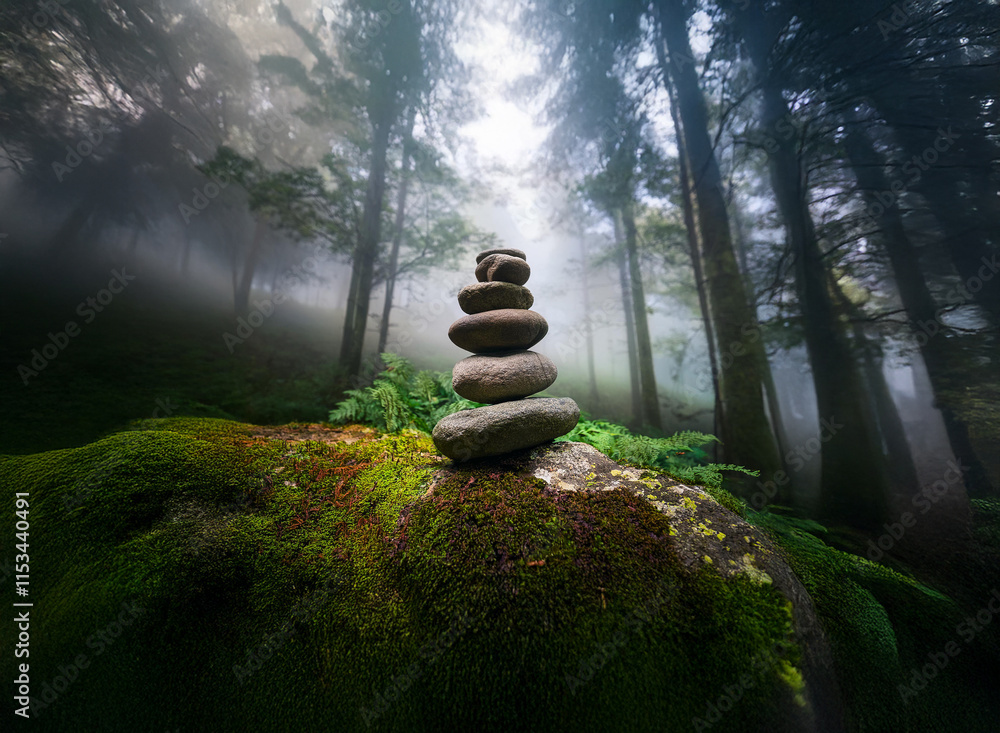 Aufkleber serene, misty forest scene with a balanced stack of stones on moss-covered rock. sunlight filters th