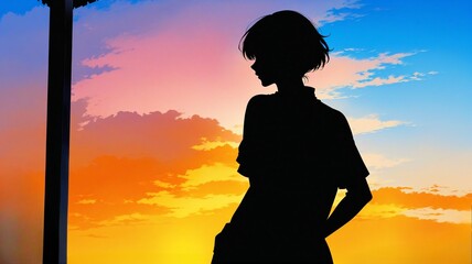 夕焼けを見つめる少年（少女）のシルエット