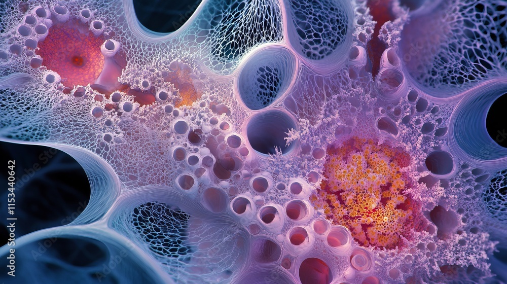 Poster a vibrant abstract rendering of a surreal organic growth, resembling cellular structures in bright c