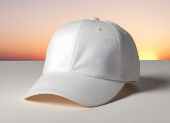 Fototapeta premium plain blank A white baseball cap against a sunset background