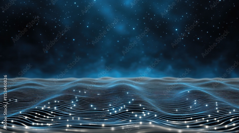 Poster futuristic blue background with glowing lines and dots, depicting digital connectivity and data tran