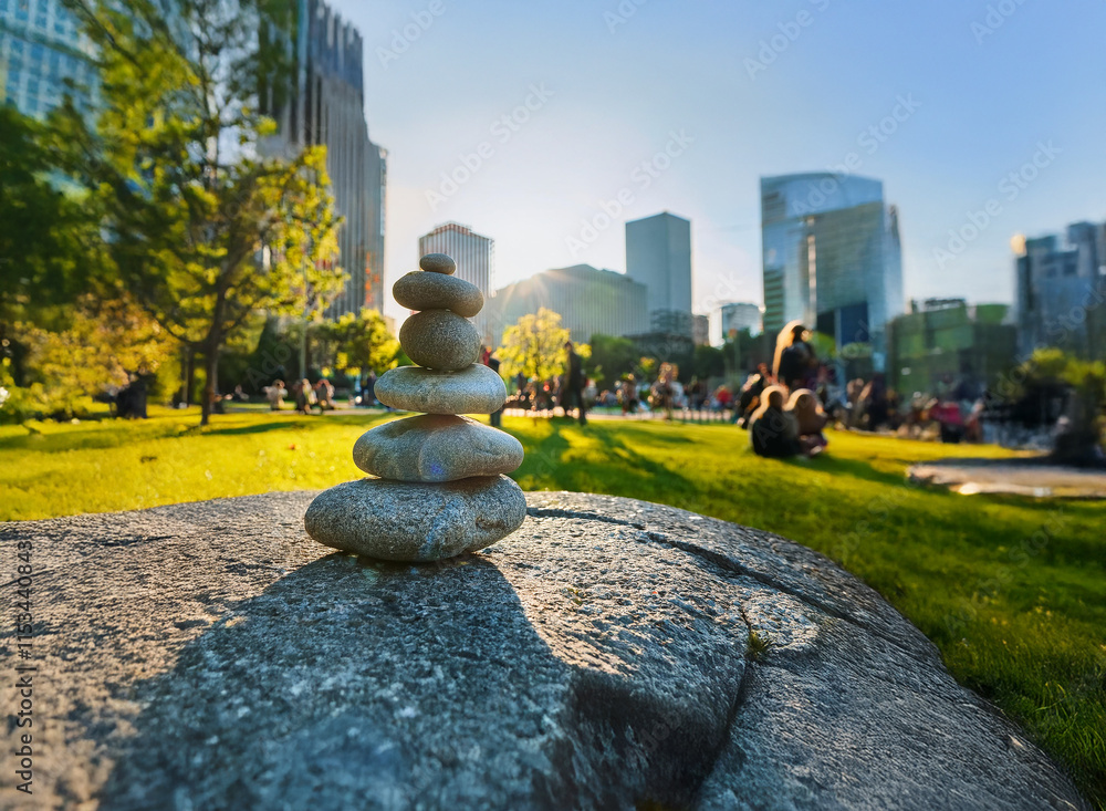 Aufkleber serene stone stack in a city park, bathed in sunlight. modern buildings form a backdrop to the peace