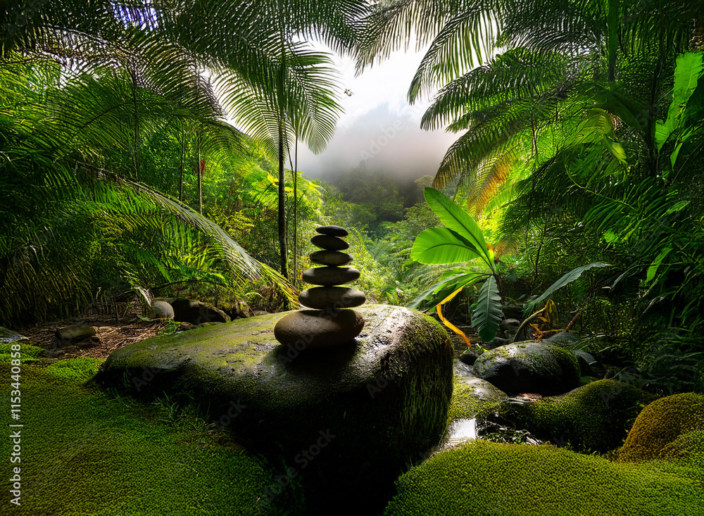 Poster serene stacked stones rest on a moss-covered rock beside a jungle stream. sunlight filters through l