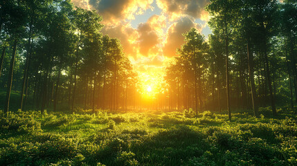 Sunset in lush green forest.