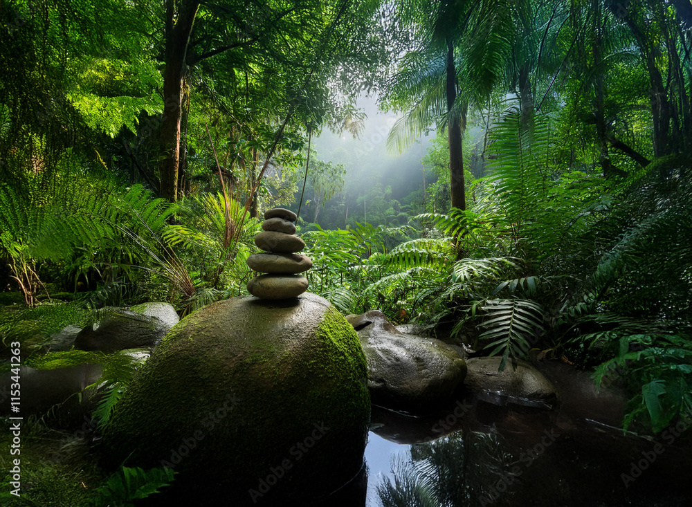 Poster serene rainforest scene. sunlight filters through lush foliage, illuminating a carefully balanced st