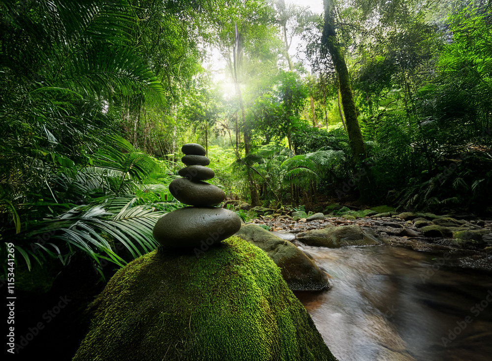 Poster serene rainforest scene with a carefully balanced stack of dark gray stones on a moss-covered rock b