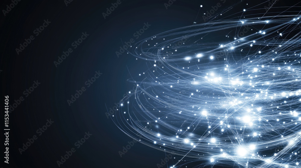 Poster futuristic blue background with glowing lines and dots, depicting digital connectivity and data tran