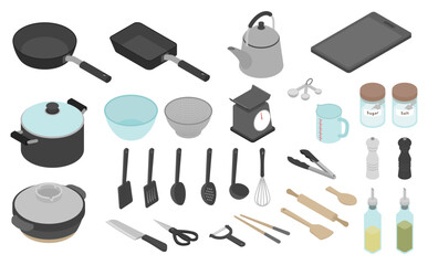アイソメトリックイラスト：調理器具セット