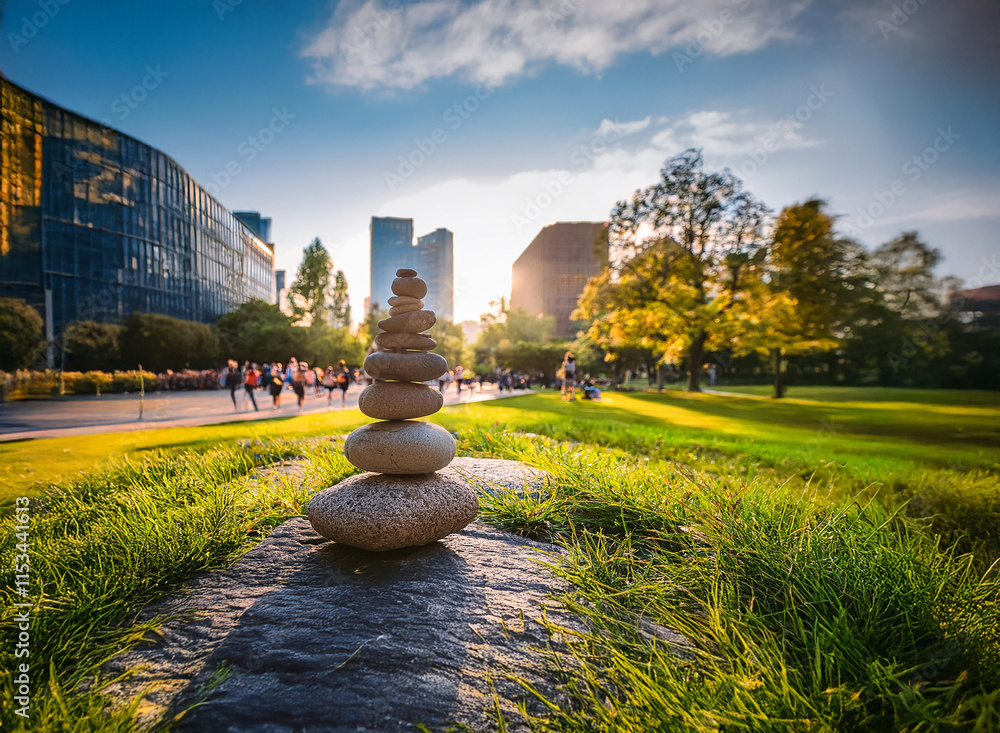 Poster serene stone stack in a vibrant city park at sunset. runners and trees blur in the background, creat