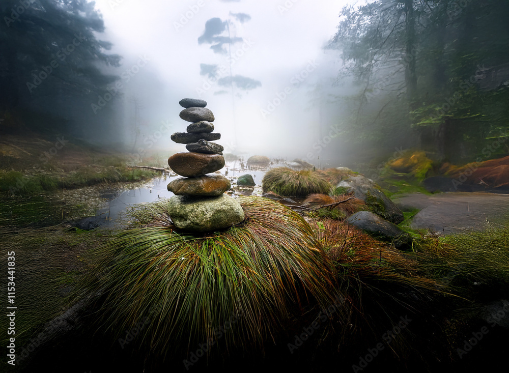 Poster a serene stone cairn stands by a misty stream in a fog-shrouded forest. the scene evokes tranquility