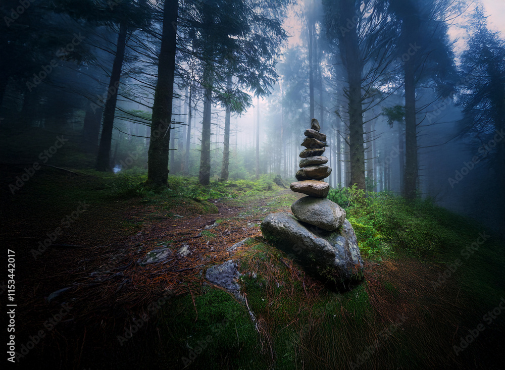 Poster a mystical stone cairn sits on a moss-covered path in a dark, fog-laden forest. the scene evokes ser