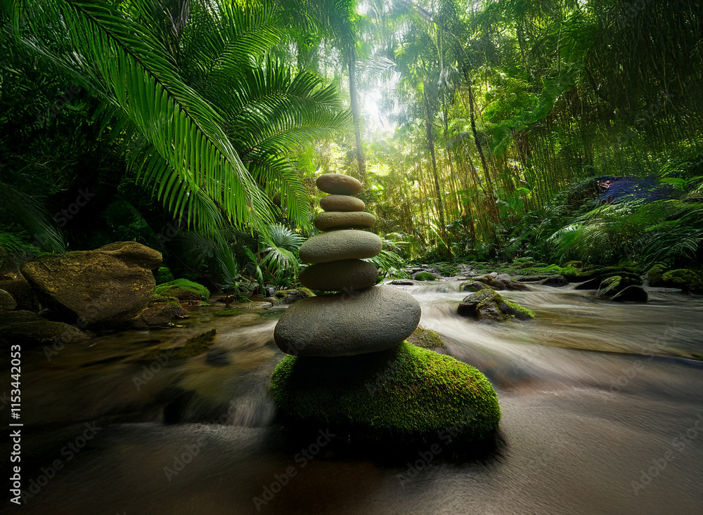 Poster serene stones stacked on moss beside a flowing stream in a lush, green rainforest. sunlight filters 