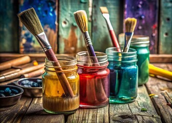Vintage Still Life: Paint, Brushes, Glass Jars - Artistic Studio Setup