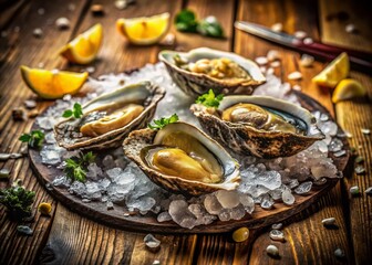 Fototapeta premium Vintage Still Life: Fresh Oysters on Ice, Rustic Seafood