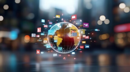 Obraz premium Global Networking Concept with Digital Icons Displayed Around a 3D Globe Representing Technology, Communication and Information Exchange for Business and Social Connectivity