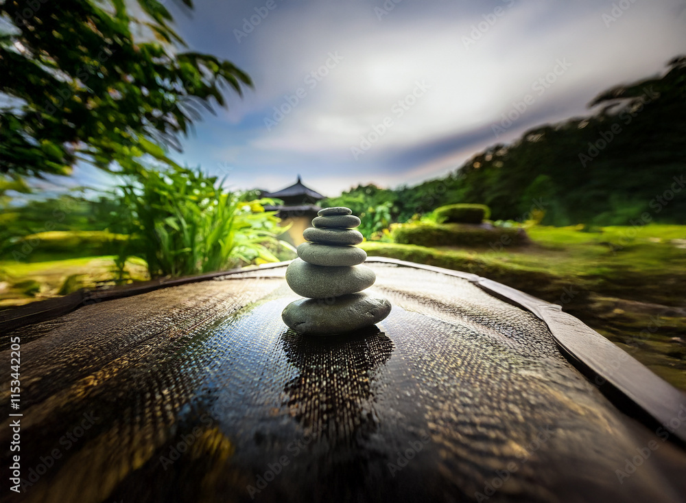 Poster Serene garden scene with a carefully balanced stack of grey stones resting on a dark, wet wooden surface.  A tranquil Asian-style building is visible in the background.