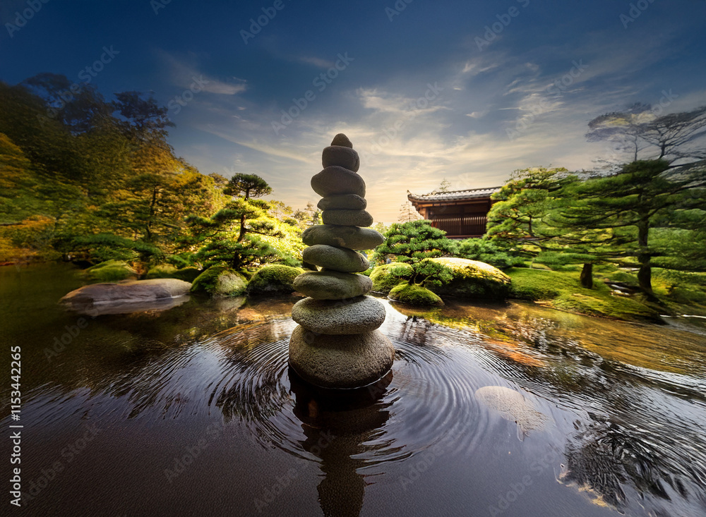 Poster serene japanese garden scene at sunset. a carefully balanced rock cairn sits in a calm pond, reflect
