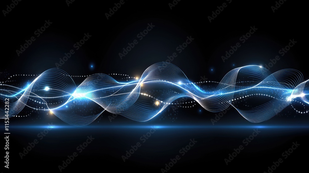 Poster futuristic blue background with glowing lines and dots, depicting digital connectivity and data tran