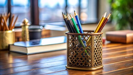 Elegant Bronze Pen Holder & Office Supplies: Sharp Focus Stock Photo