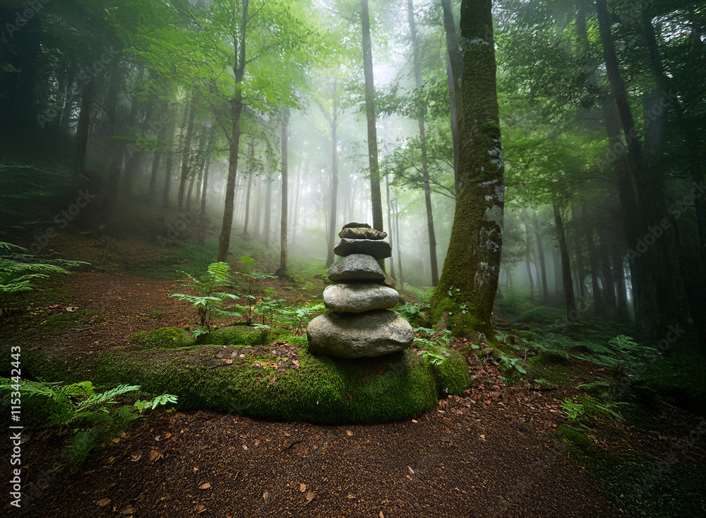 Poster serene forest scene, misty and mysterious. a cairn of stones rests on moss-covered ground, bathed in