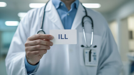 Doctor in a white coat holding a card with the word "ILL" 