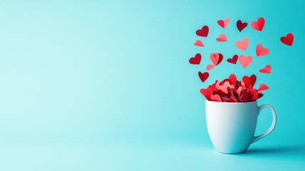 White mug overflowing with red paper hearts against a light blue background.