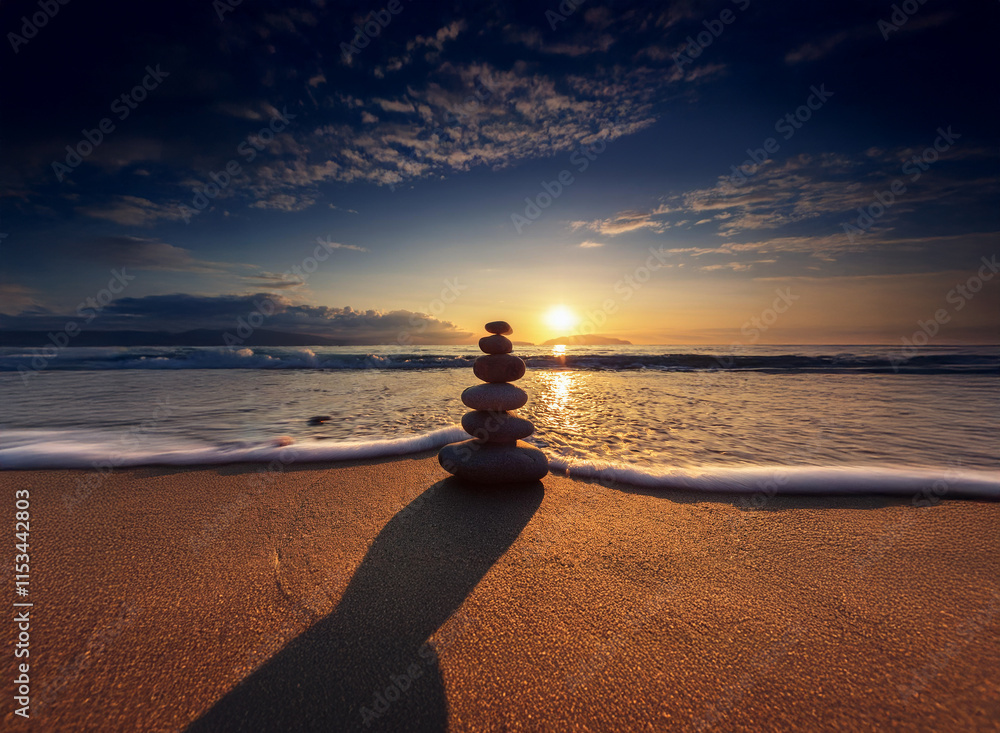 Poster serene sunset over a tranquil beach. a perfectly balanced stack of stones casts a long shadow on the