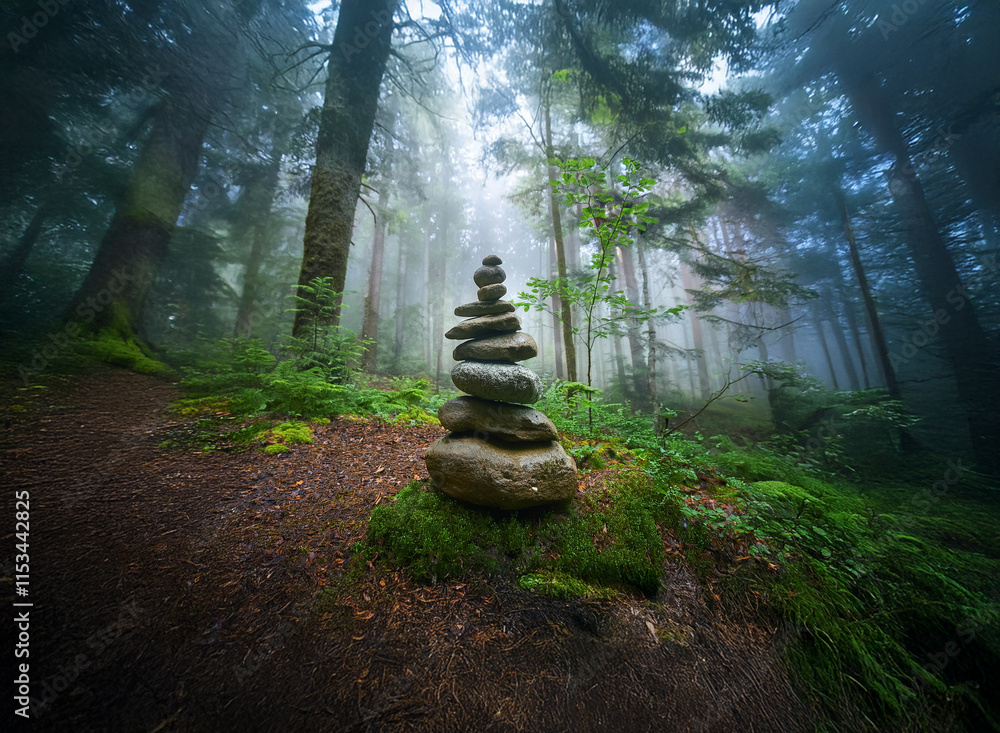 Poster A mystical stone cairn stands in a fog-shrouded forest, sunlight filtering through the ancient trees.  The scene evokes serenity and a sense of the magical.