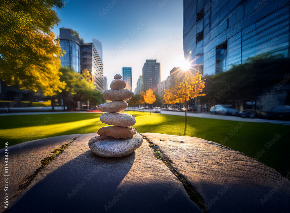 Poster a serene stone cairn sits in a vibrant city park, bathed in the warm glow of the setting sun. modern
