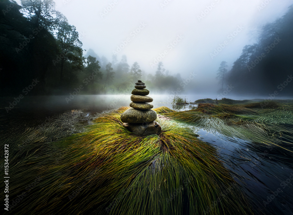 Aufkleber serene misty scene. a balanced stack of grey stones sits amidst lush green vegetation and calm water