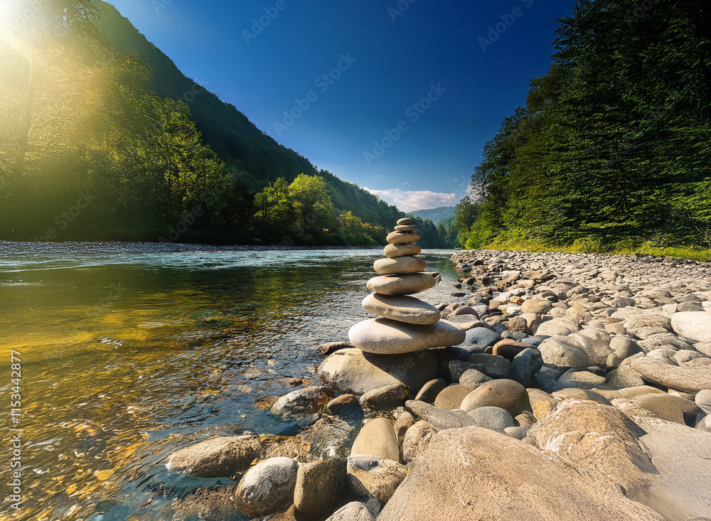 Poster serene river scene with a carefully balanced rock cairn on the shore, bathed in sunlight. green moun