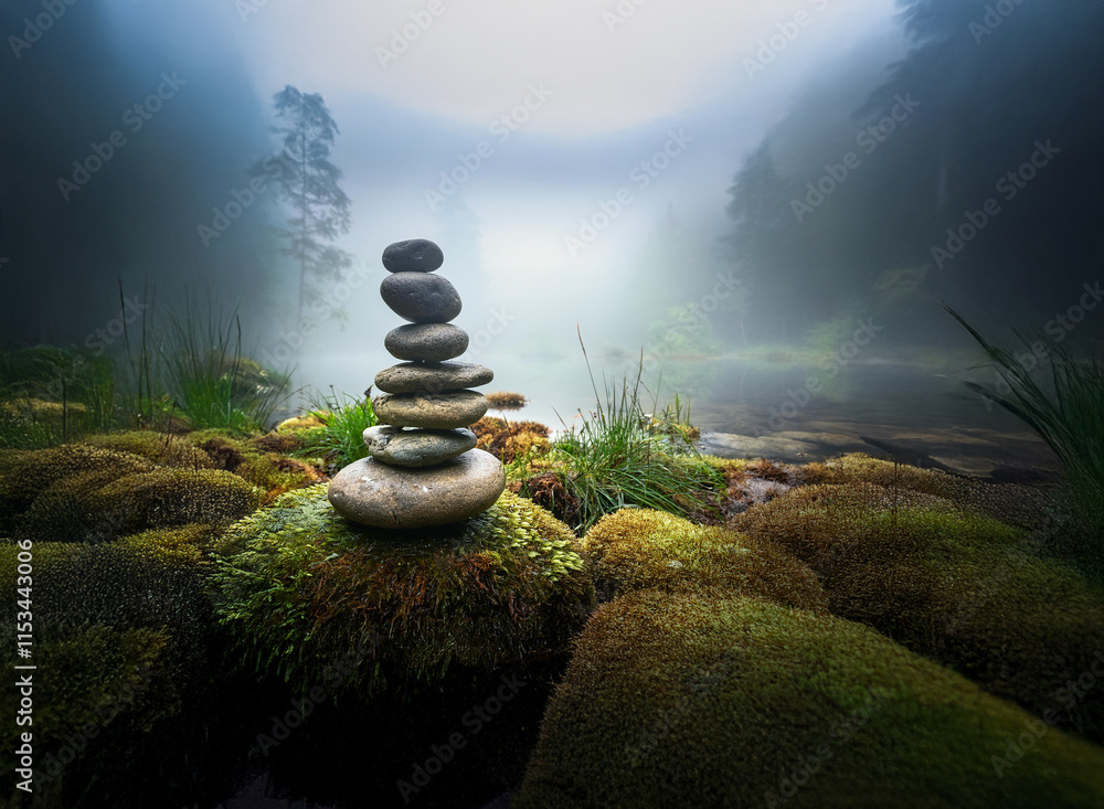 Poster a serene stack of stones rests on moss-covered rocks by a misty river, creating a tranquil and balan