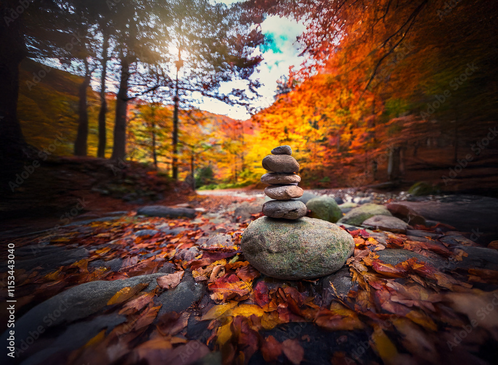 Poster serene autumn scene: a balanced rock cairn amidst vibrant foliage and a gentle stream. sunlight filt