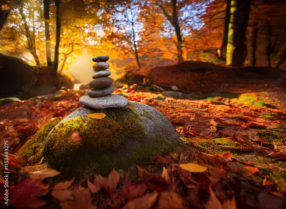 Aufkleber serene autumn scene: a balanced stone cairn rests on moss-covered rock amidst a stream and vibrant f