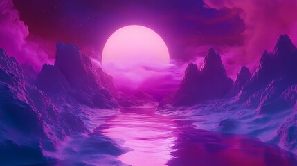 Vibrant Pink Sunset Over Surreal Mountains: A Striking 3D Render in a Dreamlike Style. AI Generated