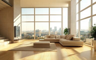 Fototapeta premium A modern luxurious living room with neutral tones, large floor-to-ceiling windows, comfortable beige sofas, soft rugs, and minimalistic decor