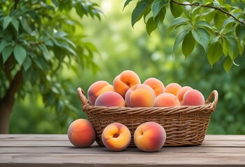 Wicker basket filled with juicy peaches on a wooden table, with a blurred green foliage background