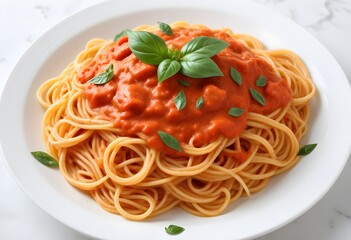 Spaghetti with a thick, creamy tomato-based sauce, garnished with fresh basil leaves