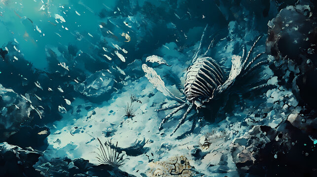 Illustration of eurypterid kokomopterus on a seafloor scavenging a dead trilobite. Seafloor. Illustration