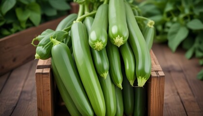 Fototapeta premium Zucchini in a wooden crate, close-up view of the fresh, vibrant green bean pods