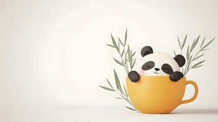 Naklejka premium A cute panda rests in an orange cup surrounded by bamboo, creating a whimsical scene.